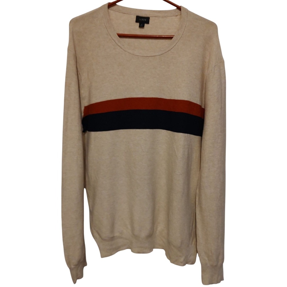 J Crew Cotton Striped Sweater Neutral Rust Navy Stripe Crew Neck Mens Size Large